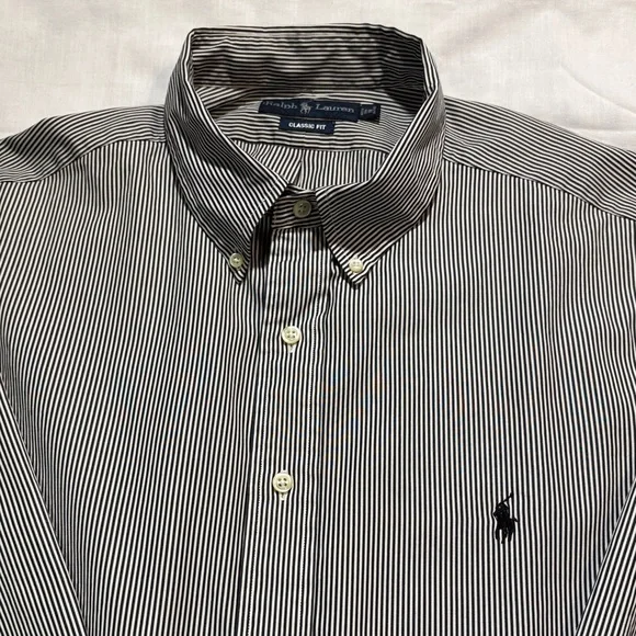 Polo Ralph Lauren Men’s Black & White Pinstripe Button-Down Shirt L EUC - Picture 2 of 6
